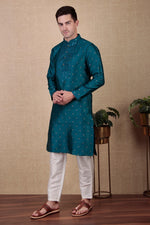 Amazing Teal Color Jacquard Fabric Kurta Pajama