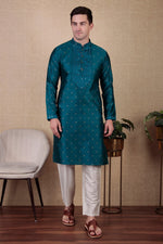 Amazing Teal Color Jacquard Fabric Kurta Pajama