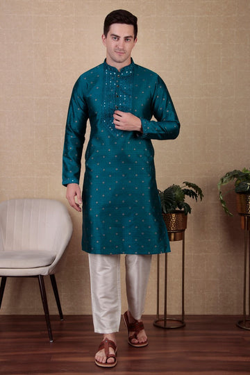 Amazing Teal Color Jacquard Fabric Kurta Pajama