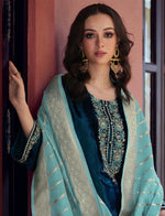 Tasteful Teal Color Velvet Fabric Partywear Suit