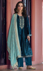 Tasteful Teal Color Velvet Fabric Partywear Suit