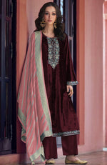 Tasteful Maroon Color Velvet Fabric Partywear Suit