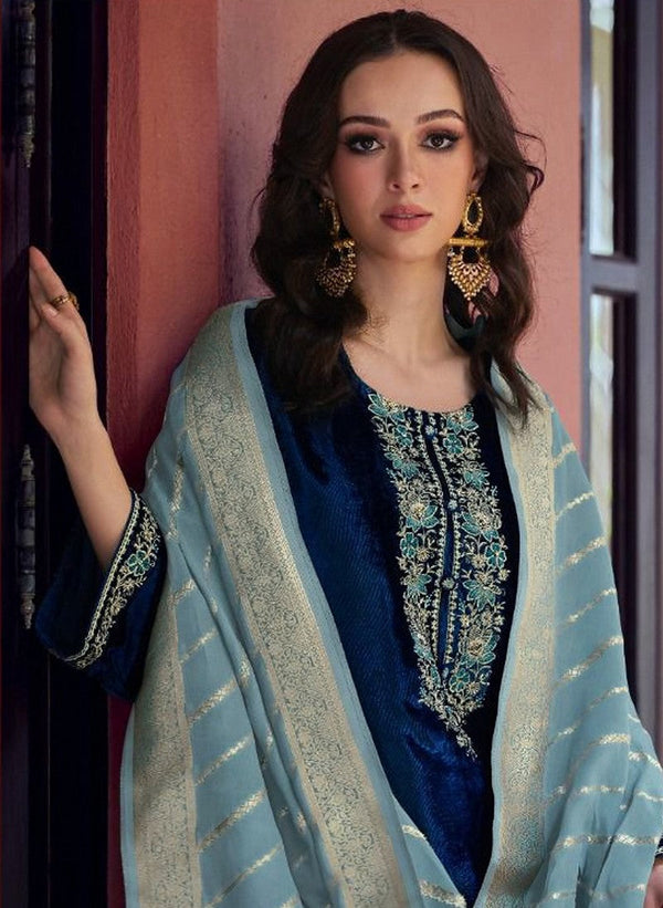 Tasteful Blue Color Velvet Fabric Partywear Suit