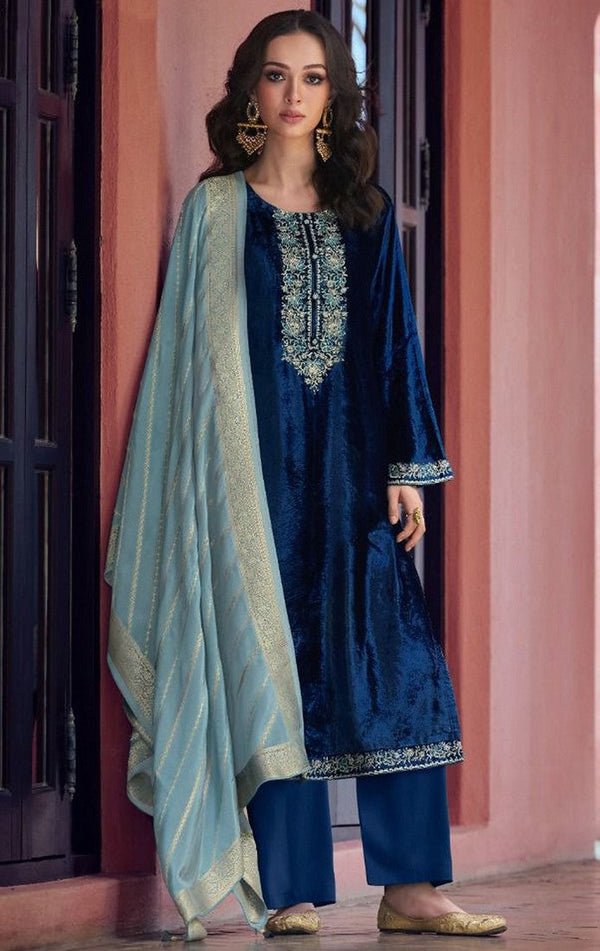 Tasteful Blue Color Velvet Fabric Partywear Suit