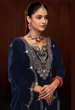 Dazzling Navy Blue Color Velvet Fabric Plazzo Suit