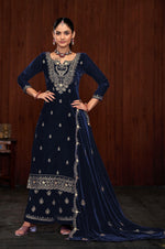 Dazzling Navy Blue Color Velvet Fabric Plazzo Suit