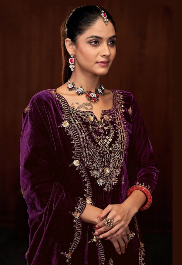 Dazzling Purple Color Velvet Fabric Plazzo Suit