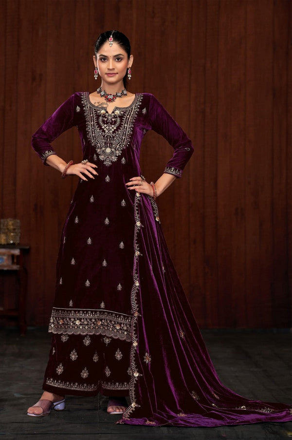 Dazzling Purple Color Velvet Fabric Plazzo Suit