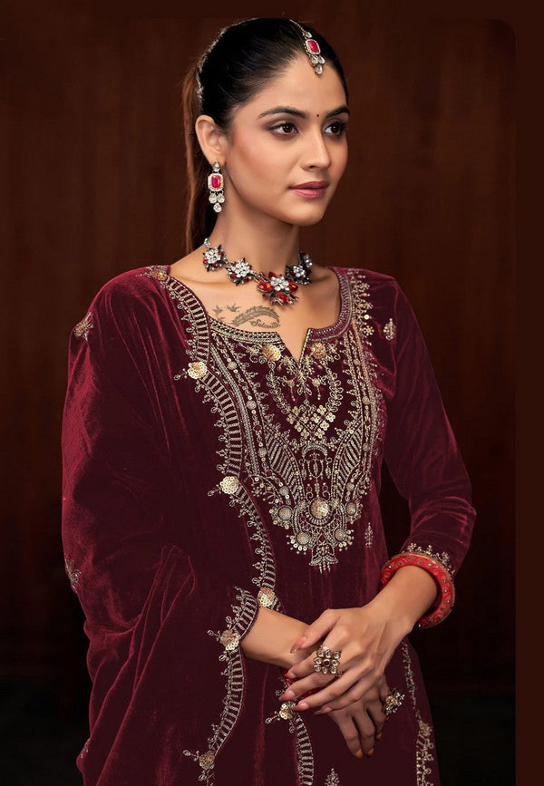 Dazzling Maroon Color Velvet Fabric Plazzo Suit