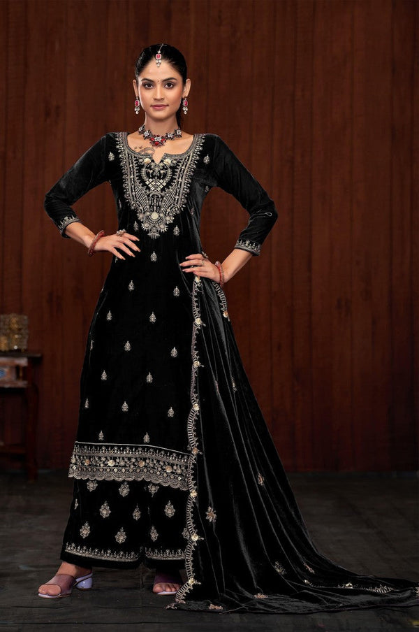 Dazzling Black Color Velvet Fabric Plazzo Suit