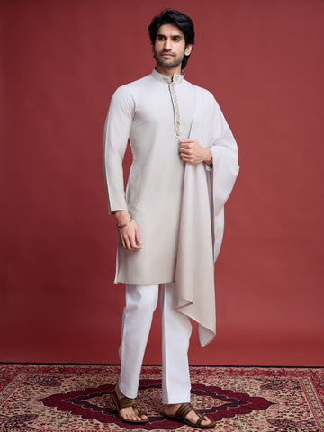 Beauteous Cream Color Rayon Fabric Mens Kurta with Dupatta