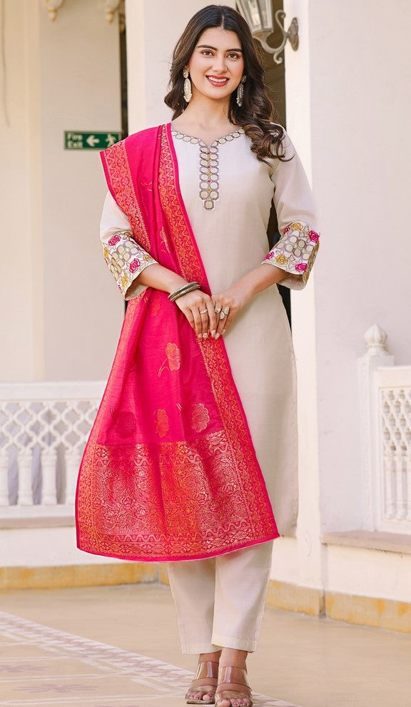 Amazing Cream Color Vertigan Fabric Designer Suit