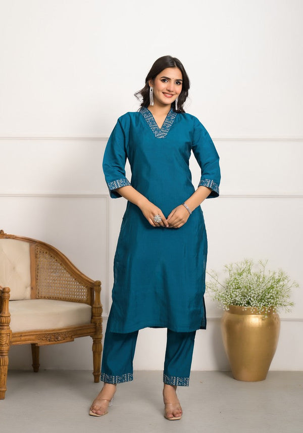 Divine Teal Color Viscose Fabric Designer Suit