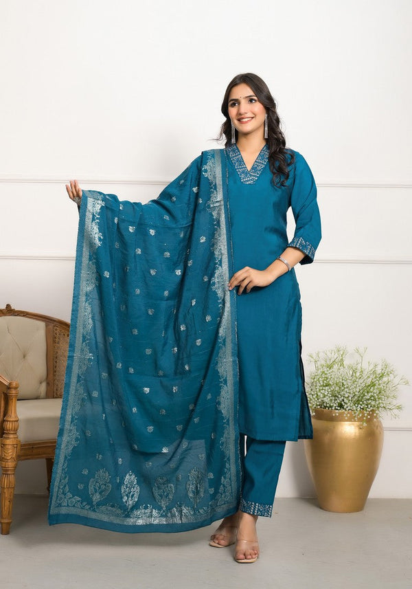 Divine Teal Color Viscose Fabric Designer Suit