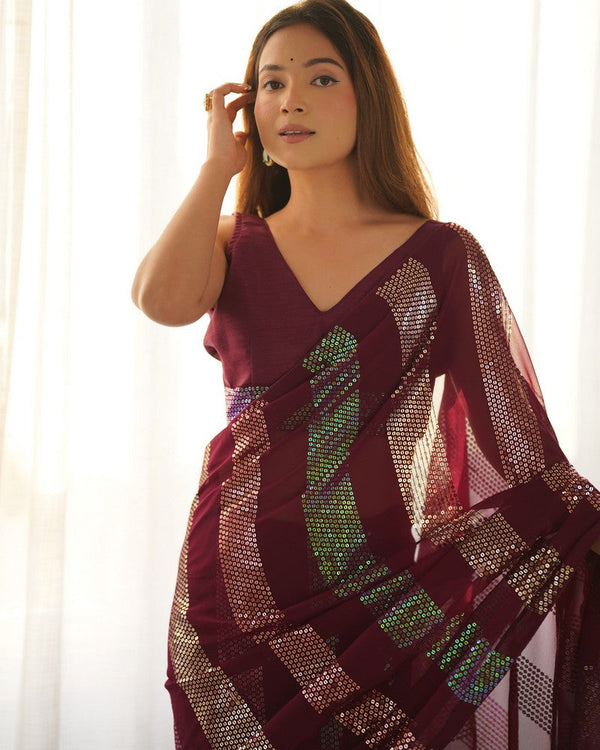 Wonderful Maroon Color Georgette Fabric Partywear Saree