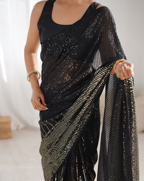 Dazzling Black Color Georgette Fabric Partywear Saree