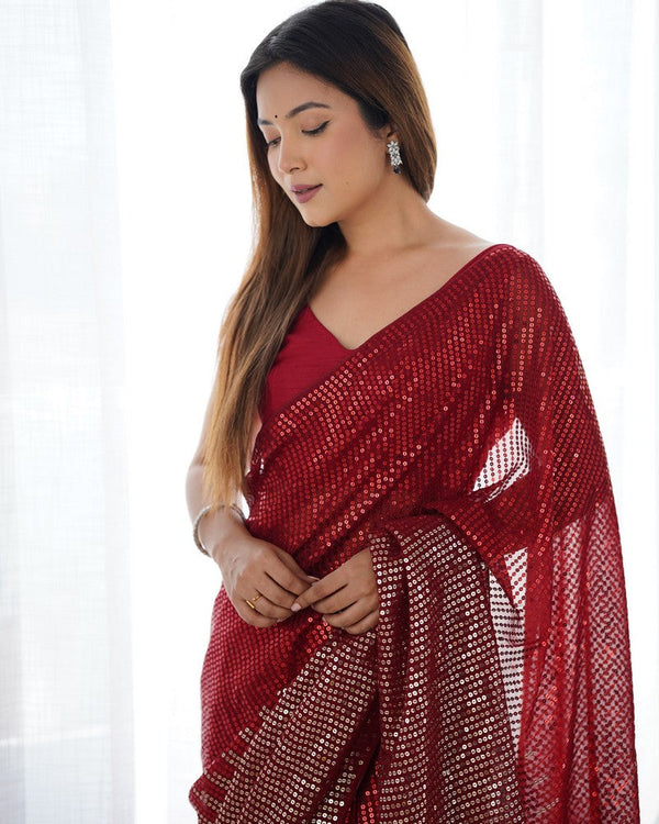 Dazzling Red Color Georgette Fabric Partywear Saree