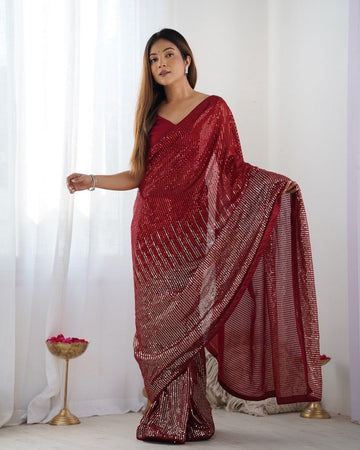 Dazzling Red Color Georgette Fabric Partywear Saree