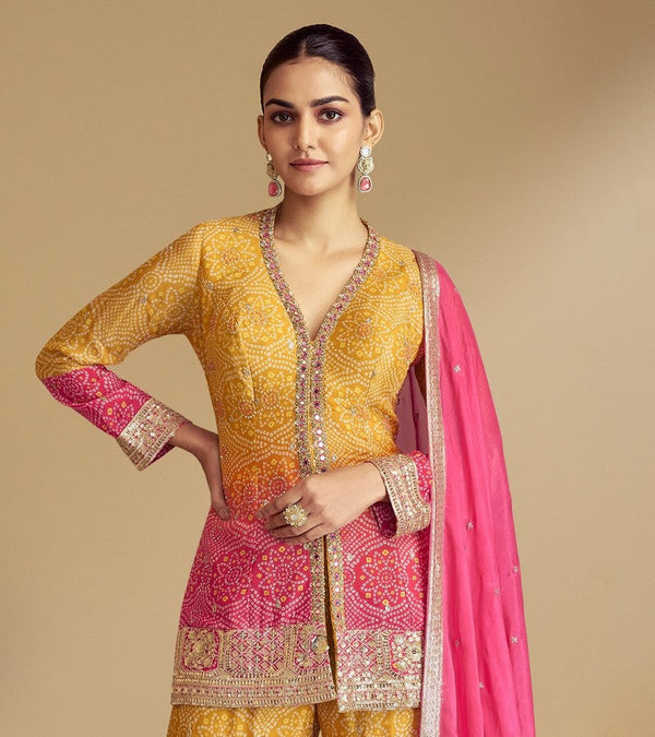 Delightful Yellow Color Chinon Fabric Sharara Suit