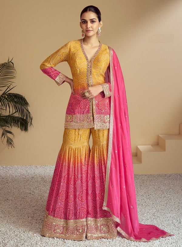 Delightful Yellow Color Chinon Fabric Sharara Suit