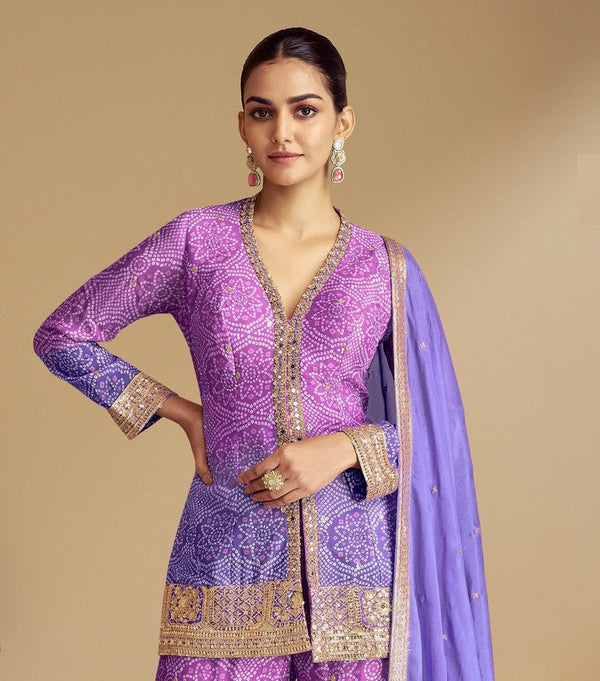 Delightful Purple Color Chinon Fabric Sharara Suit