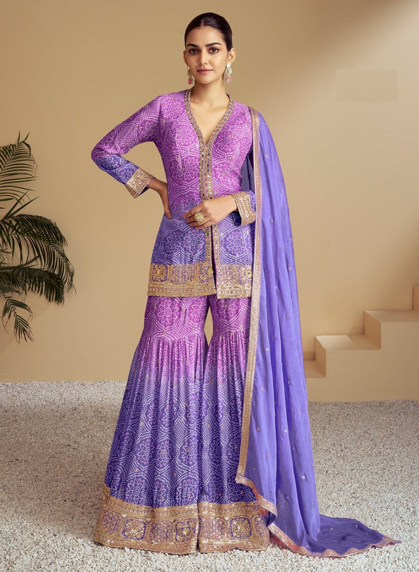 Delightful Purple Color Chinon Fabric Sharara Suit