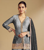 Delightful Grey Color Chinon Fabric Sharara Suit