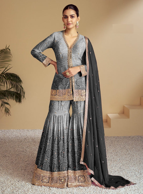 Delightful Grey Color Chinon Fabric Sharara Suit