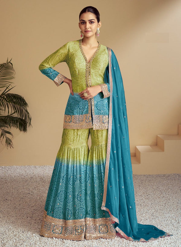 Delightful Multi Color Chinon Fabric Sharara Suit