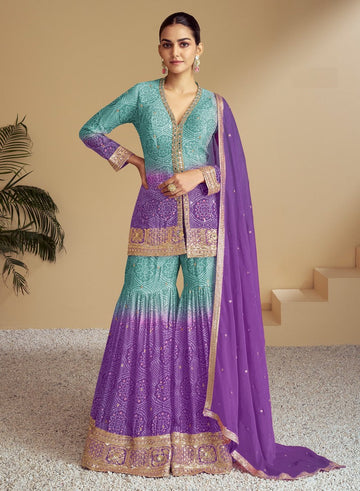 Delightful Multi Color Chinon Fabric Sharara Suit