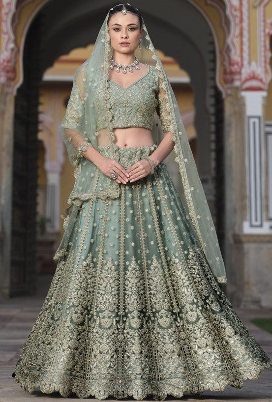 Dazzling Green Color Net Fabric Party Wear Lehenga