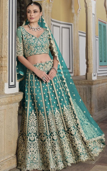 Dazzling Turquoise Color Net Fabric Party Wear Lehenga