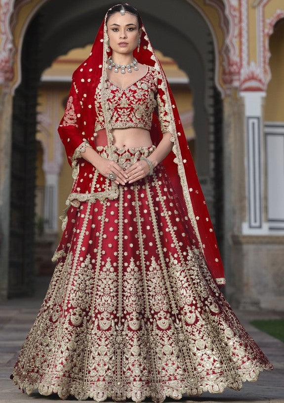 Dazzling Red Color Net Fabric Party Wear Lehenga