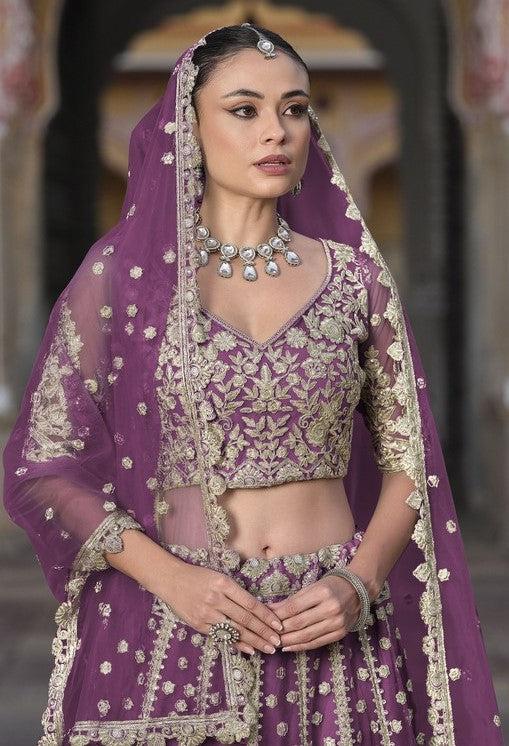 Dazzling Purple Color Net Fabric Party Wear Lehenga