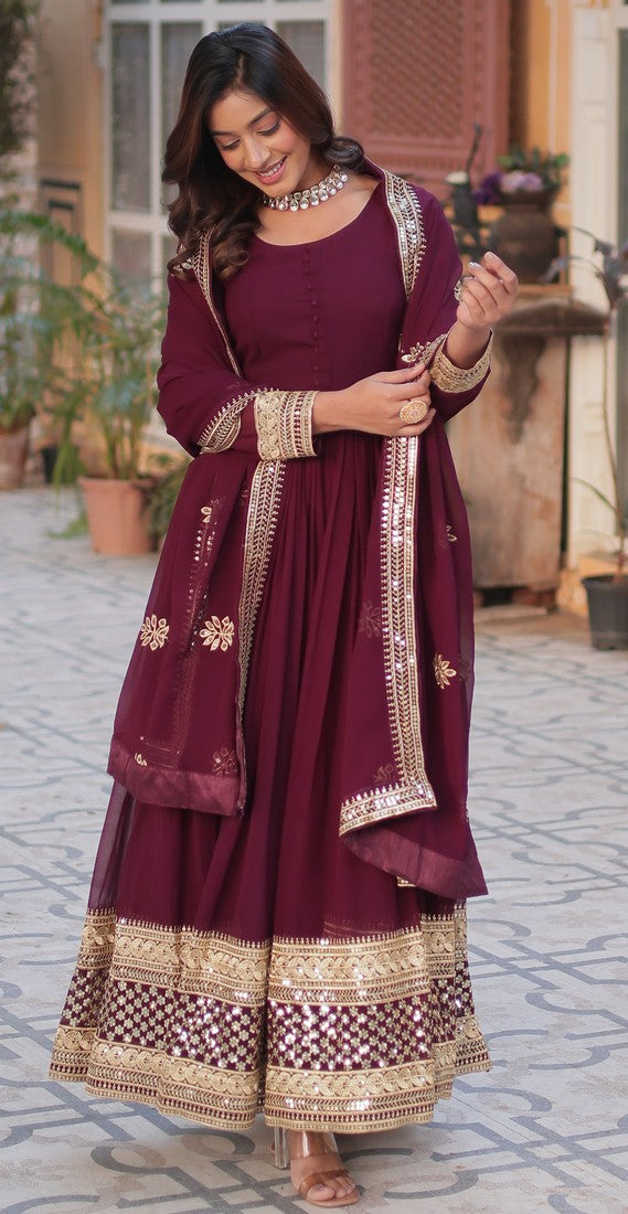 Striking Wine Color Georgette Fabric Gown