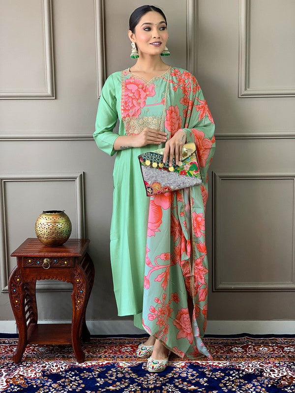 Amazing Green Color Chanderi Fabric Designer Suit