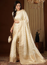 Lovely Cream Color Satin Fabric Partywear Saree