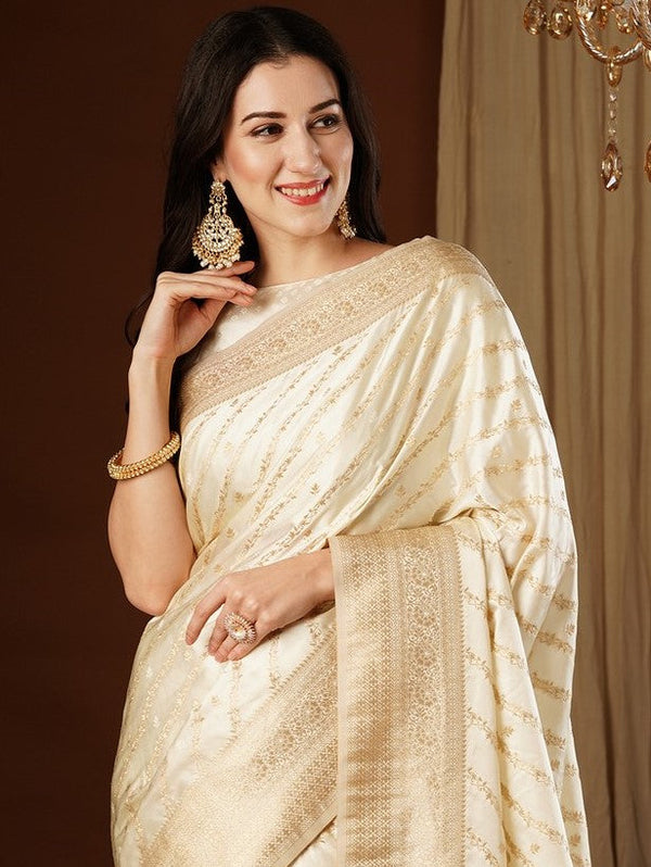 Lovely Cream Color Satin Fabric Partywear Saree