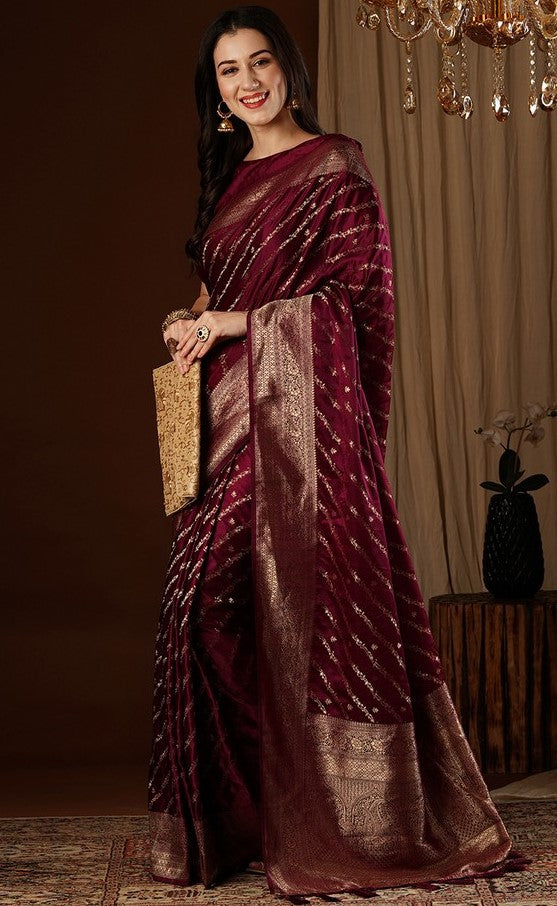 Lovely Maroon Color Satin Fabric Partywear Saree