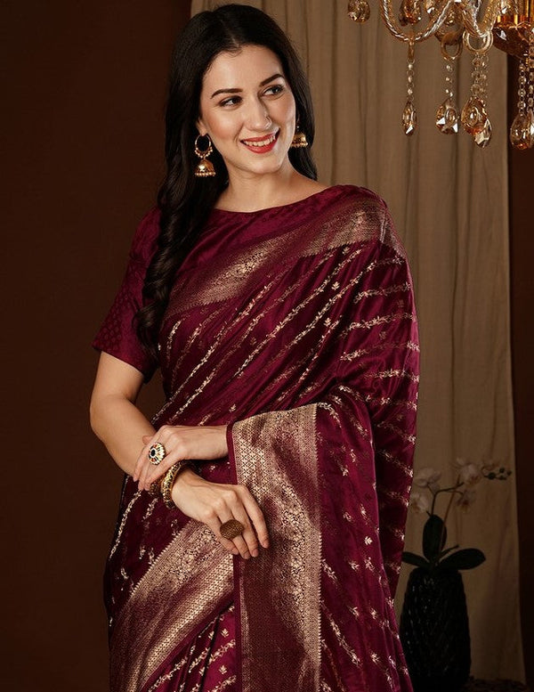 Lovely Maroon Color Satin Fabric Partywear Saree