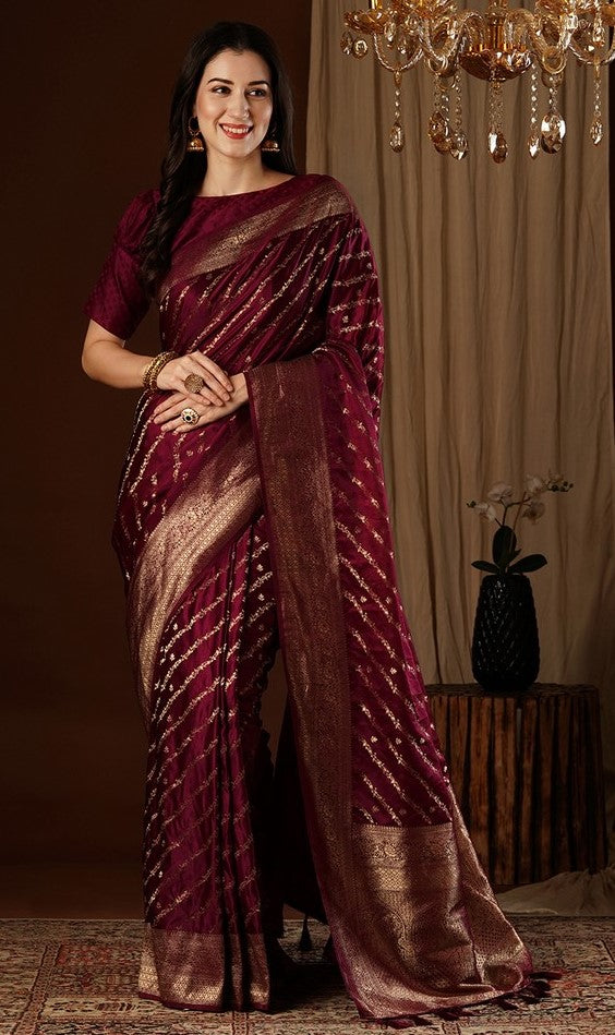 Lovely Maroon Color Satin Fabric Partywear Saree