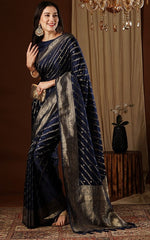 Lovely Navy Blue Color Satin Fabric Partywear Saree