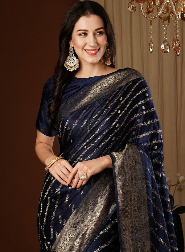 Lovely Navy Blue Color Satin Fabric Partywear Saree