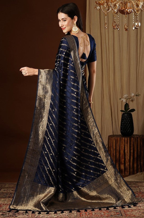 Lovely Navy Blue Color Satin Fabric Partywear Saree