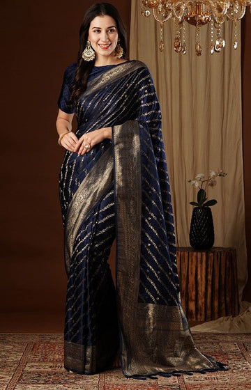 Lovely Navy Blue Color Satin Fabric Partywear Saree