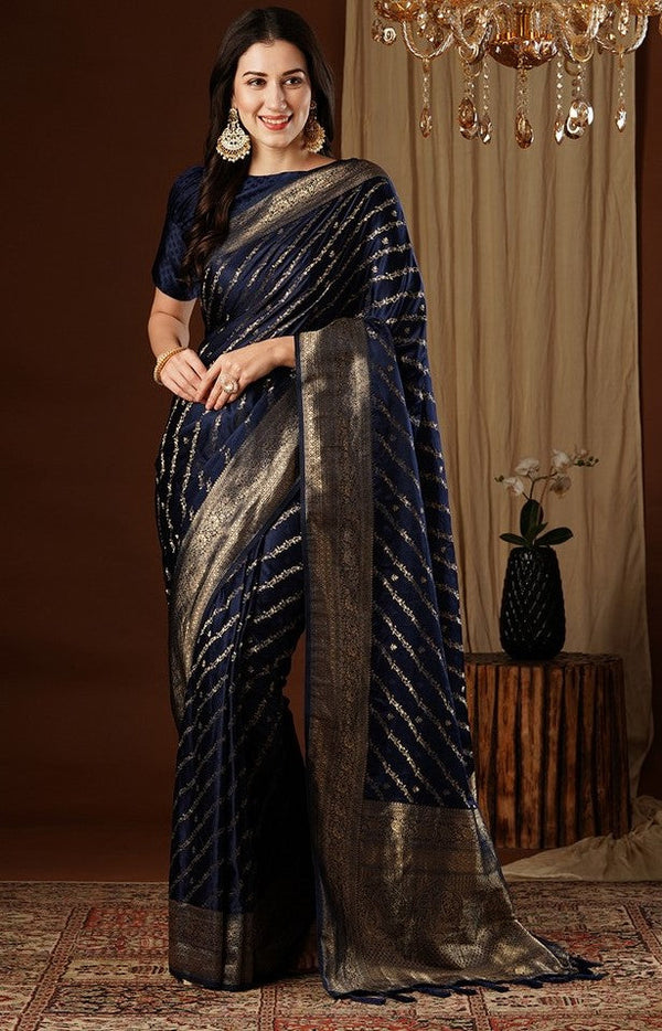 Lovely Navy Blue Color Satin Fabric Partywear Saree