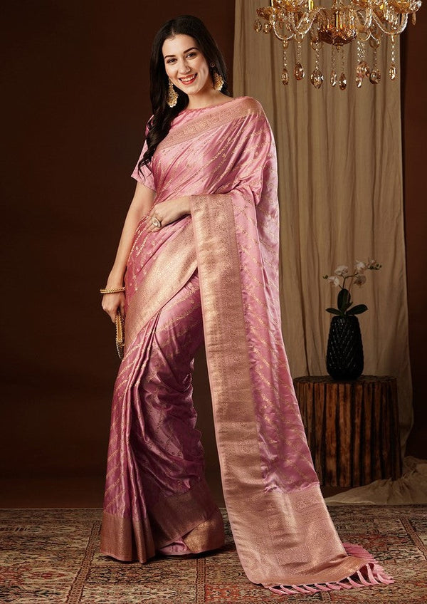 Lovely Peach Color Satin Fabric Partywear Saree