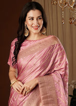 Lovely Peach Color Satin Fabric Partywear Saree