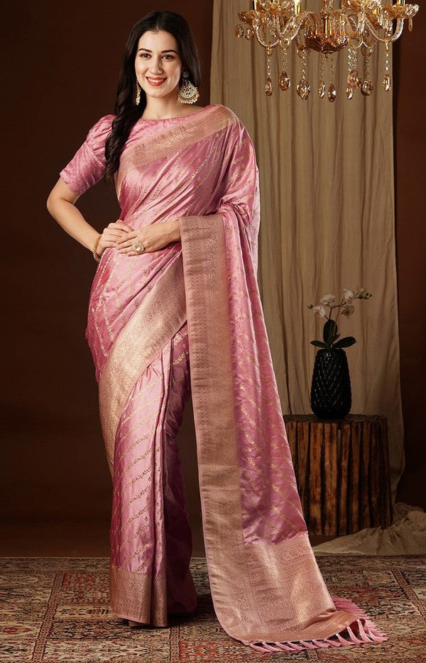 Lovely Peach Color Satin Fabric Partywear Saree