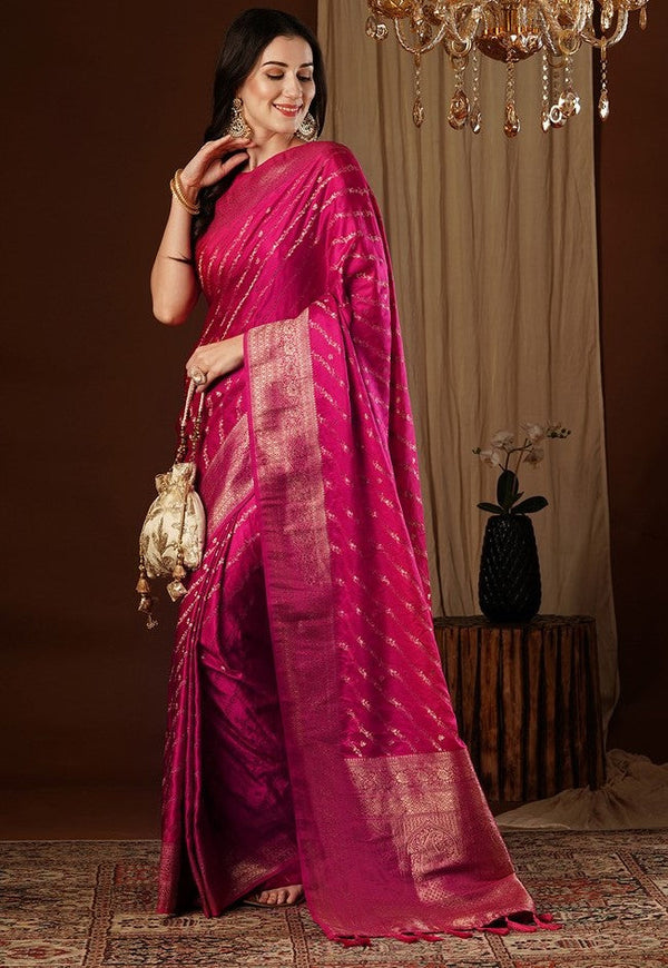 Lovely Pink Color Satin Fabric Partywear Saree